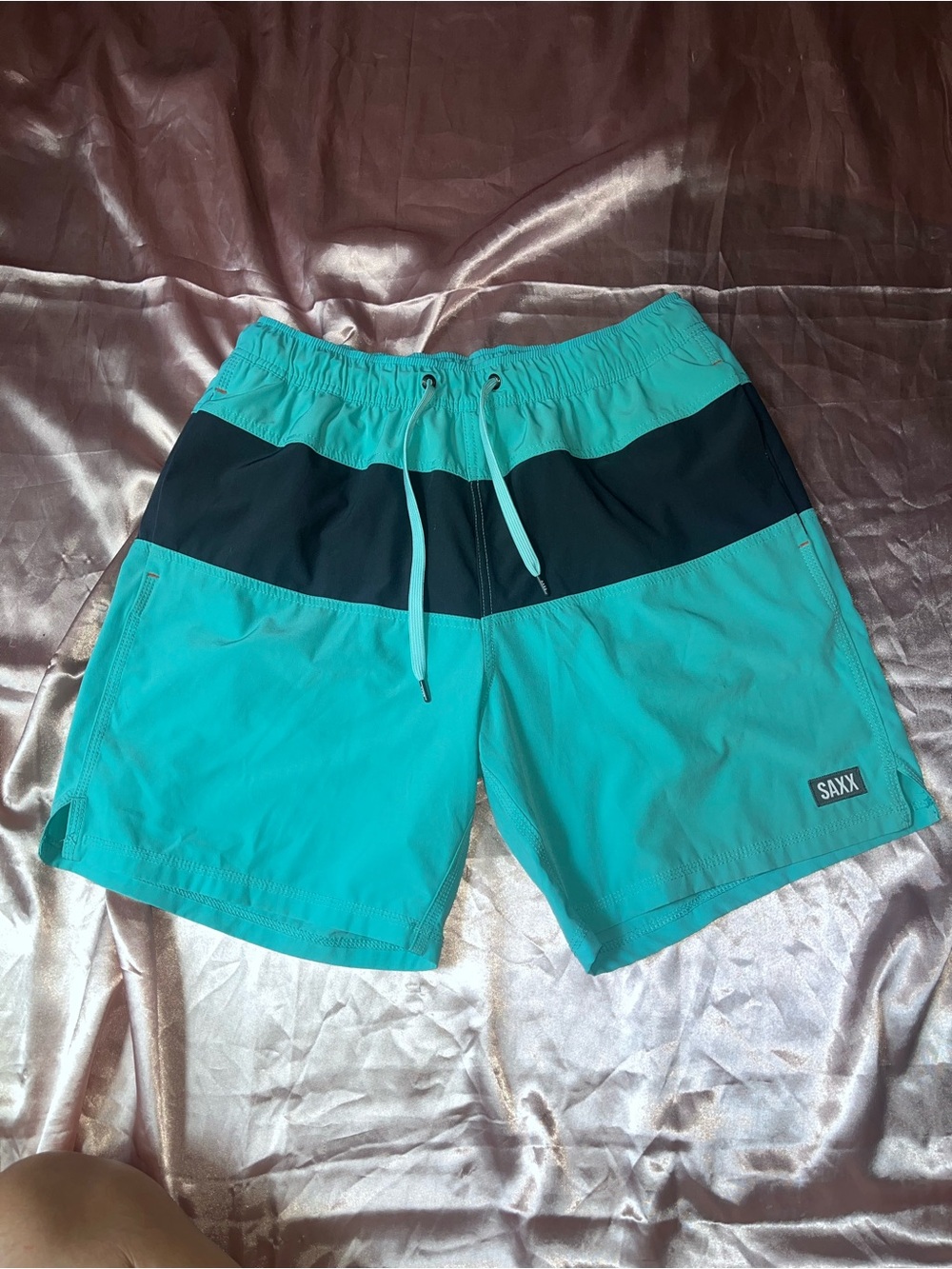 Saxx Teal and Navy Colorblock Swim Trunks Size Medium